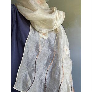 Sheer scarf with embroidery and sewn flowers